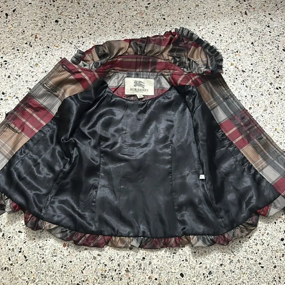 Burberry plaid jacket ruffle burgundy grey small s